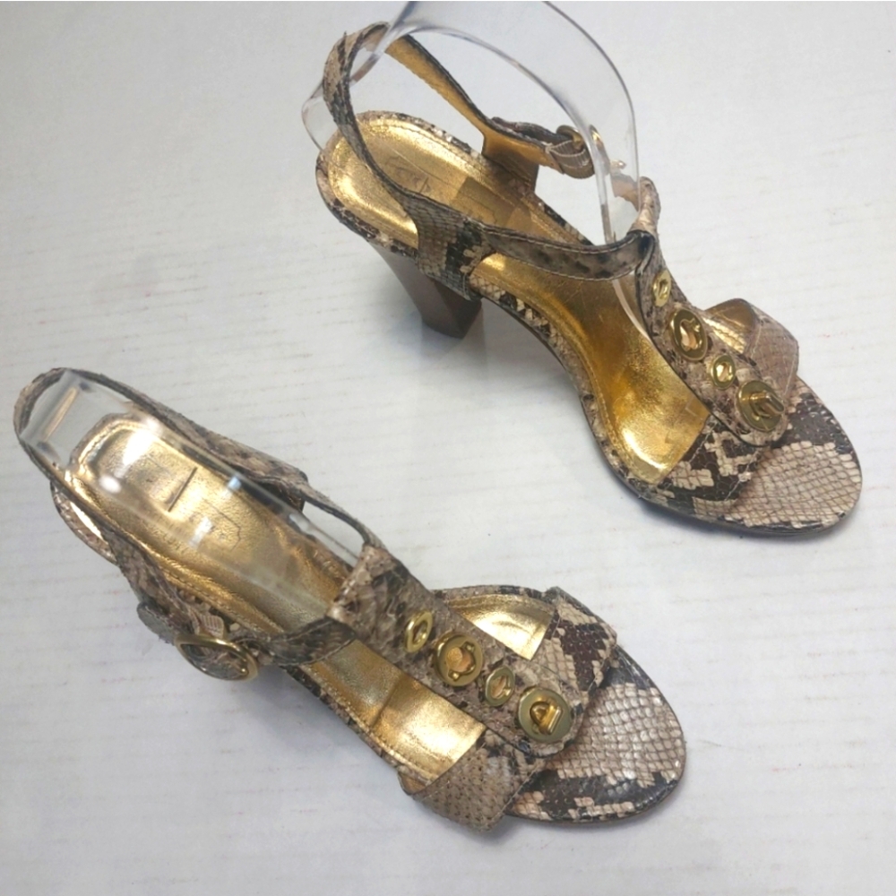 Coach Women's Gold and Brown Strappy Heels Size 9B